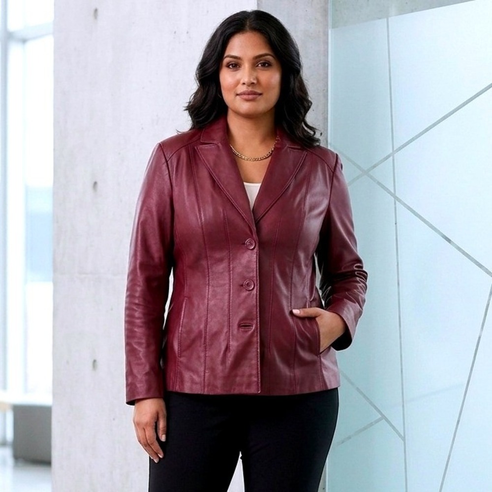 East 5th Burgundy Genuine Leather Blazer Jacket Womens XL Red‎ Wine Nappa